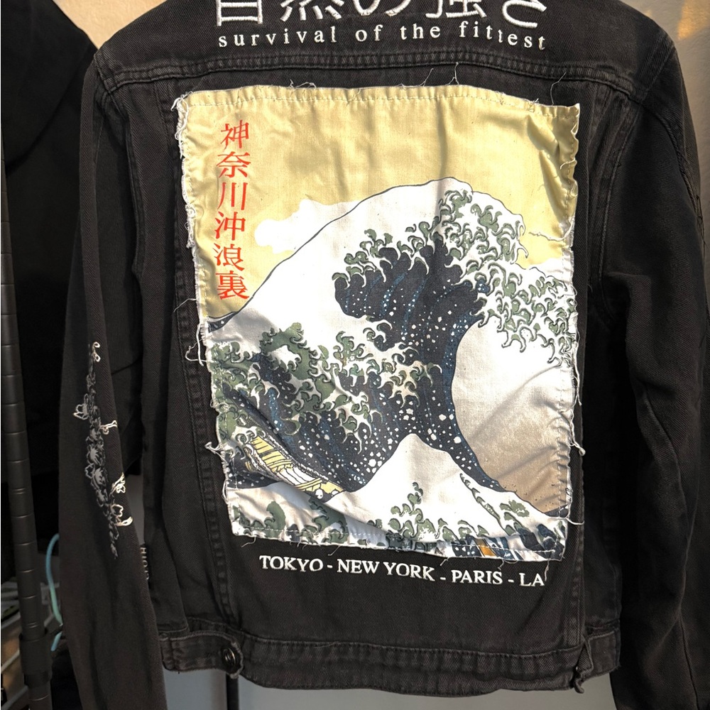 Black Denim Jacket with Wave Patch